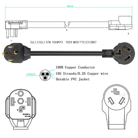 Plug And Play No Fuss Eighteen Inch Dryer Cord Adapter From Four Prong To Three Prong And From Three Prong To Four Prong NEMA 14 30P Male To 10 30R Female 30A 250V STW 10AWG Heavy Duty Dryer Cord Adapter For 240V Electric Dryers with copper conductor and PVC jacket