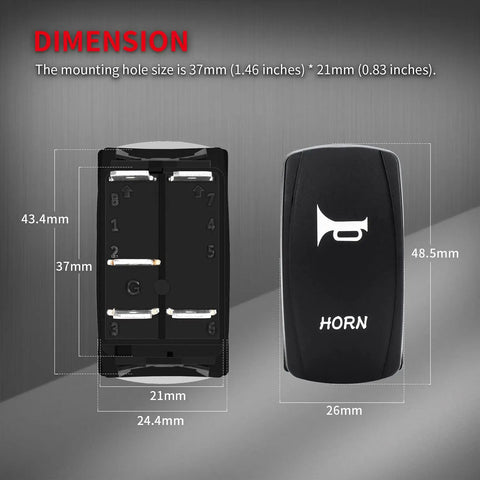 12V Horn Button Momentary Rocker Switch With Blue LED Lights Waterproof Toggle For ATV UTV RZR Boat Marine Built In Dual LED Work Lights For Night Visibility And Fast Horn Activation with dimensions