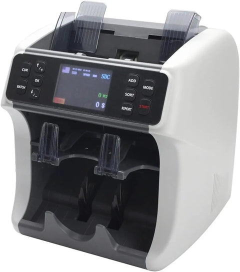 Grind Ready Cash Processor With Auto Bill Sorting Uv Mg Ir Detect Sneaky Fakes Serial Number Logging And Mixed Denomination Processing For Busy Entrepreneurs Who Want Zero Nonsense Efficiency, front view with buttons and display.