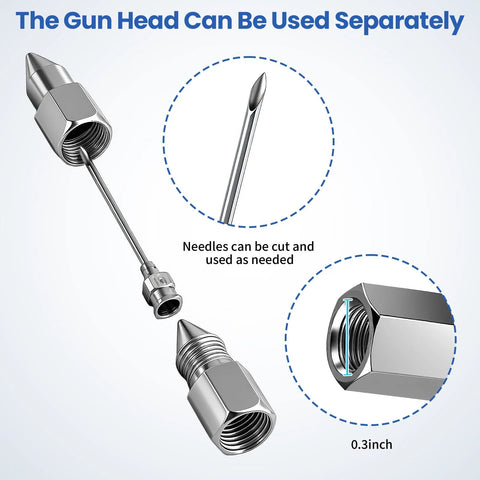 Exploded view of a 7-piece grease gun needle tip kit with chrome adapters for tight spaces