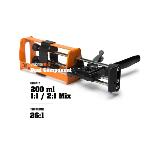 High Thrust Dual Component Cartridge Gun For 200 Milliliter Cartridges, 1 To 1 And 2 To 1 Mix Ratios, 26 To 1 Thrust Ratio