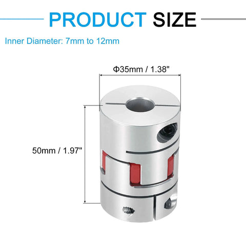 Aluminum shaft coupling 7–12 mm ID with spider-flex jaws, 50 mm long, 35 mm diameter for 3D printers