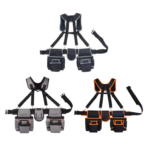 Professional Carpenter Tool Belt With Adjustable Suspenders Multi Pocket Hammer Loop And Built Tough Weight Distribution For The Daily Jobsite Grind in gray and black.