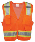 Step Up Your Job Site Game With This Heavy Duty High Visibility Surveyor Safety Vest Packing Two Tone Reflective Tape, Smooth Full Zipper, Ansi Class 2 Type R Certified Build, And Baggy Fit Utility Pockets In 2Xl Or 3Xl Fits; lightweight orange mesh vest with front pockets and reflective stripes.