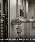 Heavy Duty 1/2 Inch Emt Set Screw Connectors Zinc Die Cast Electrical Conduit Fittings 25 Pack mounted on electrical panel.