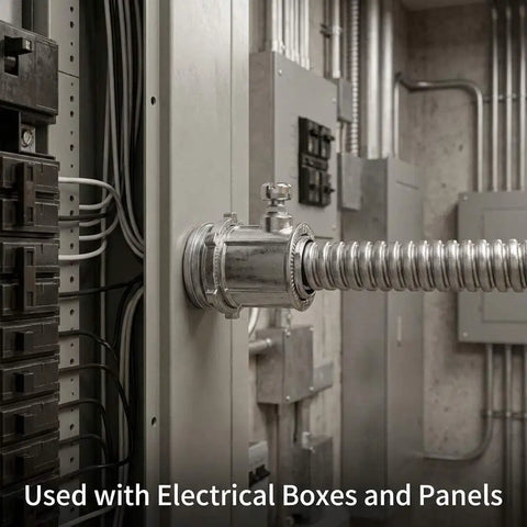 Heavy Duty 1/2 Inch Emt Set Screw Connectors Zinc Die Cast Electrical Conduit Fittings 25 Pack mounted on electrical panel.