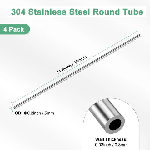 304 stainless steel seamless tubes 4-pack with 300mm length, 5mm OD, and 0.8mm wall thickness for versatile project use