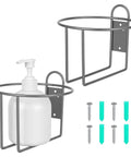 Heavy Duty Iron Wall Mounted Gallon Jug Holder 2-Pack with hardware, showing sturdy iron rack and mounting kit, space-saving design.