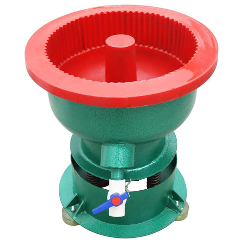 No Sweat Heavy Duty 40L Vibration Polishing Machine For Metal Hardware Parts Quick Deburring And Chamfering Tool Smooth As Butter 1440Rpm Electric Motor Setup, green and red design, top view.