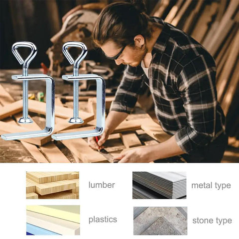 Two Pack Heavy Duty Woodworking C Clamps With Wide Jaw 2 Inch Capacity For Edge And Desk Bench Dog Holes Stainless Steel Welding Grade Clamps Ideal For Welding Projects Edge Banding And No-Fuss Workholding On Any Table Or Workbench With Steel Construction. in use on lumber