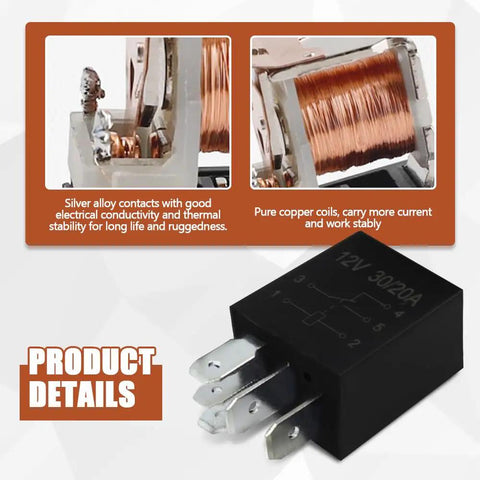 Close-up of 12V 30A Relay highlighting copper coils and silver alloy contacts, showcasing quality materials for durability.