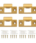 Stainless Steel Door Strike Plates With T Cam Block Deadbolt Latch Reinforcement For Exterior Doors Rock Solid Security Plates Gold Finish Pack Of 4 Fits Most Standard Doors For Home Or Office Security, shown with screws and blocks.