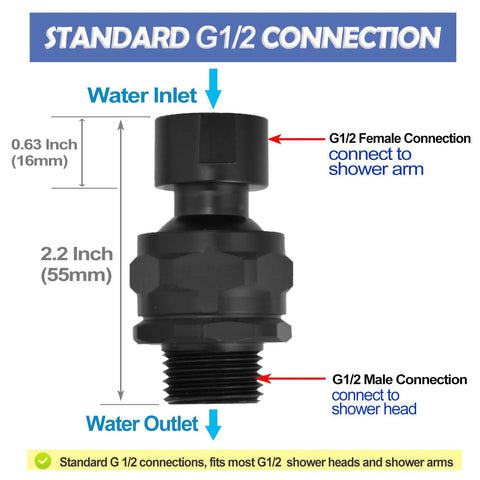 Brass Shower Head Swivel Ball Adapter Adjustable Shower Arm Connector Universal Showering Component Matte Black Finish Heavy Duty High Pressure Water Flow Durable Corrosion Resistant Upgrade No Fuss Easy Install G1/2 adapter, 55mm