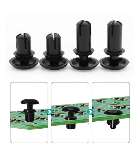 50 Piece Black Nylon Rivet Kit Heavy Duty Push Pins shown in various sizes for easy board mounting and secure installation.