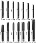 14 Piece Nitriding Coated Straight Flute Tap Set For American Thread Taps Machine Screw Tapping Tools Pro Grade Heavy Duty And Corrosion Resistant Includes Common Sizes Such As 6 32 NC 1 2 13 NC 1 4 20 NC displayed.