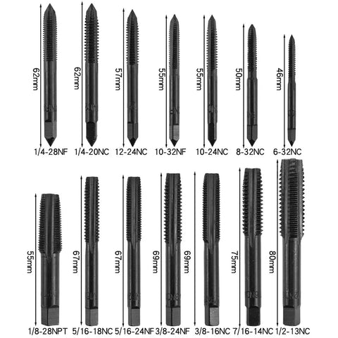 14 Piece Nitriding Coated Straight Flute Tap Set For American Thread Taps Machine Screw Tapping Tools Pro Grade Heavy Duty And Corrosion Resistant Includes Common Sizes Such As 6 32 NC 1 2 13 NC 1 4 20 NC displayed.