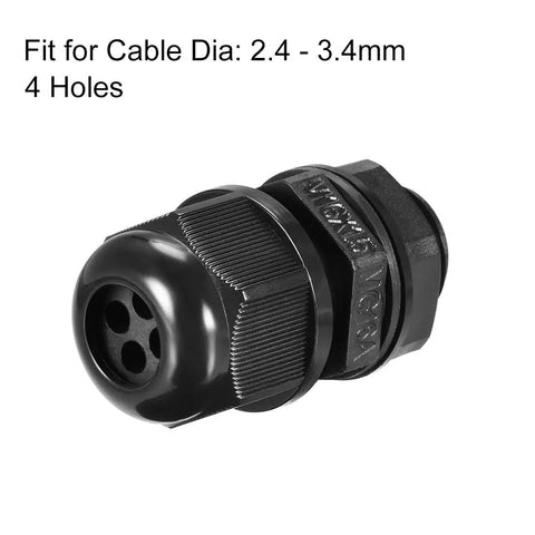 M16 Cable Gland 4 Holes Waterproof IP68 Nylon Joint With Adjustable Locknut For 2.4 to 3.4mm Wire Dia Seals Out Water and Dust Built To Last Rugged Industrial Grade Cable Entry Hub For Electrical Projects., black nylon M16 cable gland with 4 holes for 2.4-3.4mm wires
