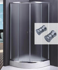 Smooth Chrome Shower Door Handle Pair Featuring Tough Abs Core And Grippy Tactile Texture For Rapid Diy Install On Bathroom Glass Doors and Panels Up To Three Quarter Inch Thick Top Notch Quality Makeover on a curved shower enclosure.