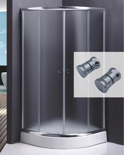 Smooth Chrome Shower Door Handle Pair Featuring Tough Abs Core And Grippy Tactile Texture For Rapid Diy Install On Bathroom Glass Doors and Panels Up To Three Quarter Inch Thick Top Notch Quality Makeover on a curved shower enclosure.