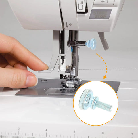 Person adjusting sewing machine with 10 Pack M4 Knurled Thumb Screws Zinc Plated Flat Head Knobs Carbon Steel Rust Resistant Bolt Kit.