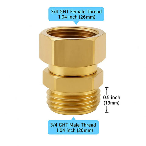 Brass Garden Hose Swivel Connector No Leak Seal Easy Rotate 360 Degree Fit Three Quarter GHT To Prevent Kinks Leaks And Boost Water Flow For Outdoor Yard Use, brass 3/4 GHT female to male thread adapter