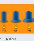 Heavy Duty Pneumatic Vacuum Suction Cup F26 For Grabbing Film Plastic Bags Industrial Manipulator Accessory Strong Grip Robust Design F33 Compatible 5 Pack Unit showcasing F18, F26, F33 sizes on orange background.