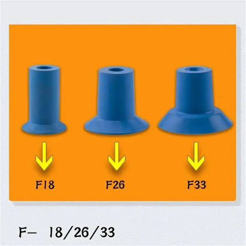 Heavy Duty Pneumatic Vacuum Suction Cup F26 For Grabbing Film Plastic Bags Industrial Manipulator Accessory Strong Grip Robust Design F33 Compatible 5 Pack Unit showcasing F18, F26, F33 sizes on orange background.