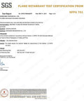 SGS Flame Retardant Test Certification for Inherent Flame Retardant Blackout Fabric, NFPA 701 compliance details, dated May 11, 2017.