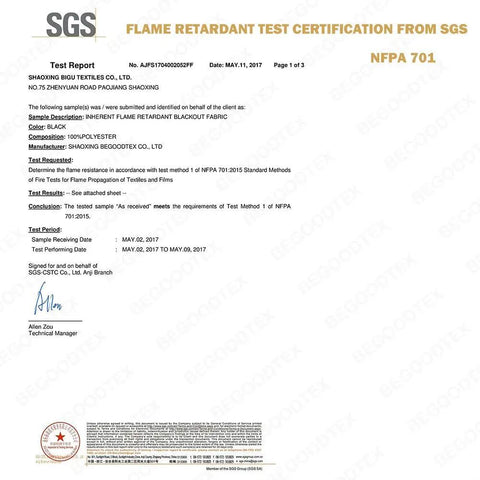 SGS Flame Retardant Test Certification for Inherent Flame Retardant Blackout Fabric, NFPA 701 compliance details, dated May 11, 2017.