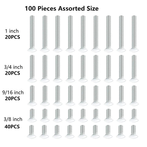 100 Pack White Wall Plate Screws With Assorted Lengths Three Eighths Inch Nine Sixteenths Inch Three Fourths Inch And One Inch Six Thirty Two Thread Perfect Replacement For Outlet Covers Light Switch Plates Must Have For DIYers showing 100 screws arranged by size on a white background.