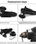 Mini pneumatic chamfering tool, black handheld with adjustable dial (front view)

Mini pneumatic chamfering tool, black handheld with handle and air hose (side view)

Disassembled kit: tool body, base plate, screws and hex key

Close-up of spindle and blade screw area on the chamfering head