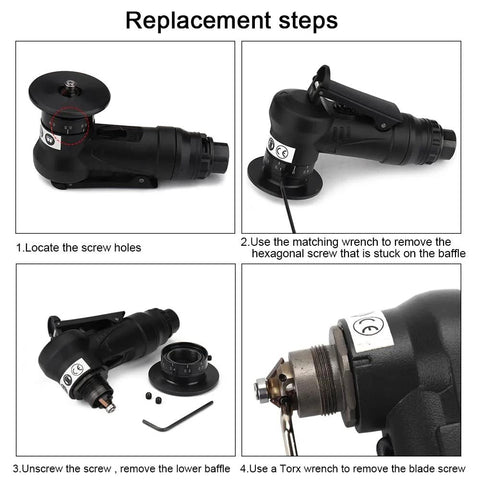 Mini pneumatic chamfering tool, black handheld with adjustable dial (front view)

Mini pneumatic chamfering tool, black handheld with handle and air hose (side view)

Disassembled kit: tool body, base plate, screws and hex key

Close-up of spindle and blade screw area on the chamfering head