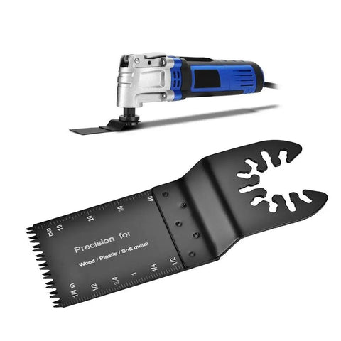 Universal fit tool and 32mm HSS oscillating saw blade pack for wood plastic soft metal with depth markers for precise flush cuts
