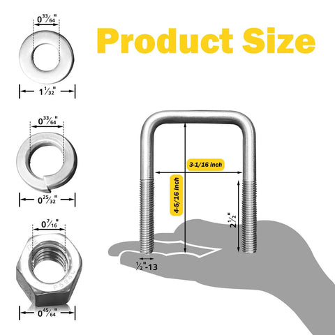 Product dimensions of 4 Piece 304 Stainless Square U Bolts With Washers And Nuts Kit, including measurements and components.