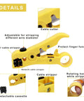 Close-up of yellow coax cable stripper from Coaxial Cable Crimper Kit With 20 F Compression Connectors for DIY installations.