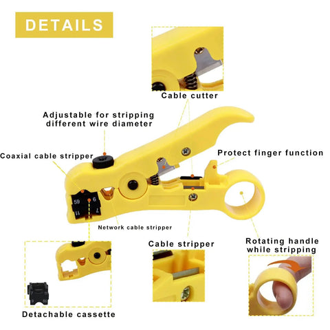 Close-up of yellow coax cable stripper from Coaxial Cable Crimper Kit With 20 F Compression Connectors for DIY installations.