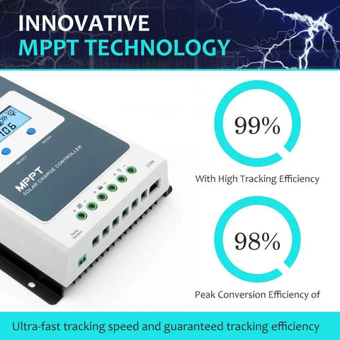 30A MPPT Solar Charge Controller With LCD Display, Auto 12V/24V Operation, Max PV 100V, showcasing high tracking efficiency