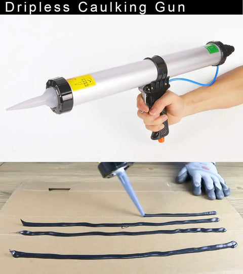 Pneumatic Caulking Gun 20 Oz Sausage, Aluminum Cylinder, 600 mL Capacity in use on cardboard with dripless air powered tool