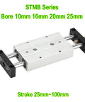 Double Rod Pneumatic Slide Table Air Cylinder Linear Actuator in white with multiple bore and stroke options for industrial automation.
