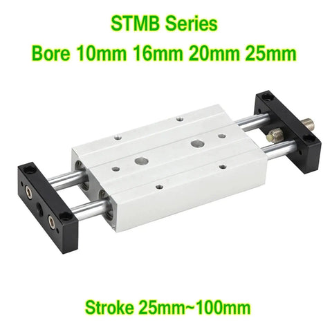 Double Rod Pneumatic Slide Table Air Cylinder Linear Actuator in white with multiple bore and stroke options for industrial automation.