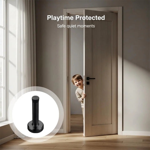 Set Of 10 Black 3.7 Inch Door Stops With Stainless Steel Body And Rubber Bumper, scene of child playing safely with door stopper