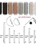 Upholstery Repair Sewing Kit With Heavy Duty Tools, featuring 8 color thread spools, hand stitching needles, and leather craft essentials.