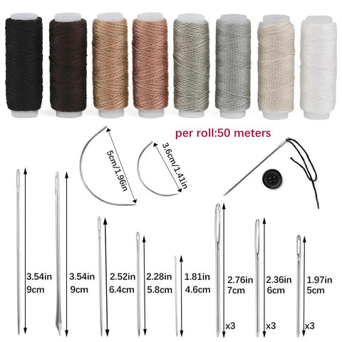 Upholstery Repair Sewing Kit With Heavy Duty Tools, featuring 8 color thread spools, hand stitching needles, and leather craft essentials.