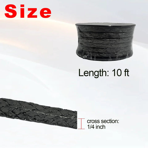 Front view: 10 ft spool of black graphite braided compression packing; 1/4 inch cross-section.