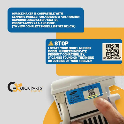 Person checking Samsung refrigerator model for Premium Ice Maker Assembly For Samsung Refrigerators Replacement Kit compatibility.
