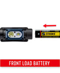 2000 Lumen IP68 Waterproof USB Rechargeable Dual Power Headlamp front load battery feature