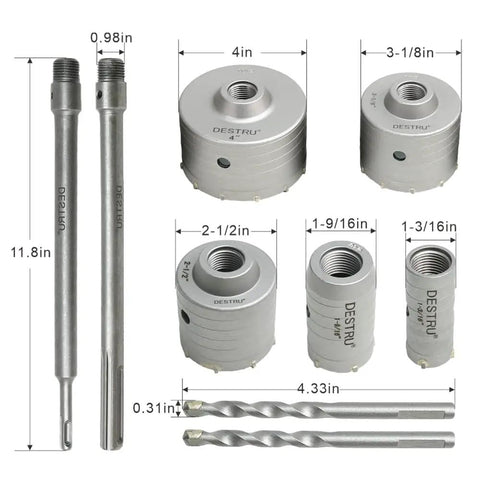 Rock Solid 9 Piece Masonry Hole Saw Kit With Tungsten Carbide Inserts For Concrete Brick And Tile SDS Plus Shank Heavy Duty Core Bits To Drill Smooth Holes Quick, 4in and 3-1/8in sizes