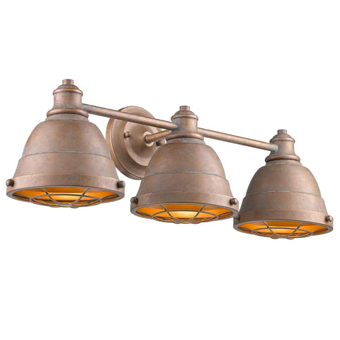 Bartlett Bath Vanity With Copper Patina Finish, Industrial Vintage Vibe, Caged Diffuser, Exposed Hardware, three-light fixture.