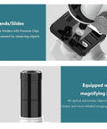 Close-up of High Power 200X to 4800X LED Monocular Microscope With Slides Set showing slide holder and magnifying lens.