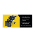 FatMax 4 In 1 Mobile Work Station with tiered cantilever storage system, showing open compartments and black finish on yellow background.